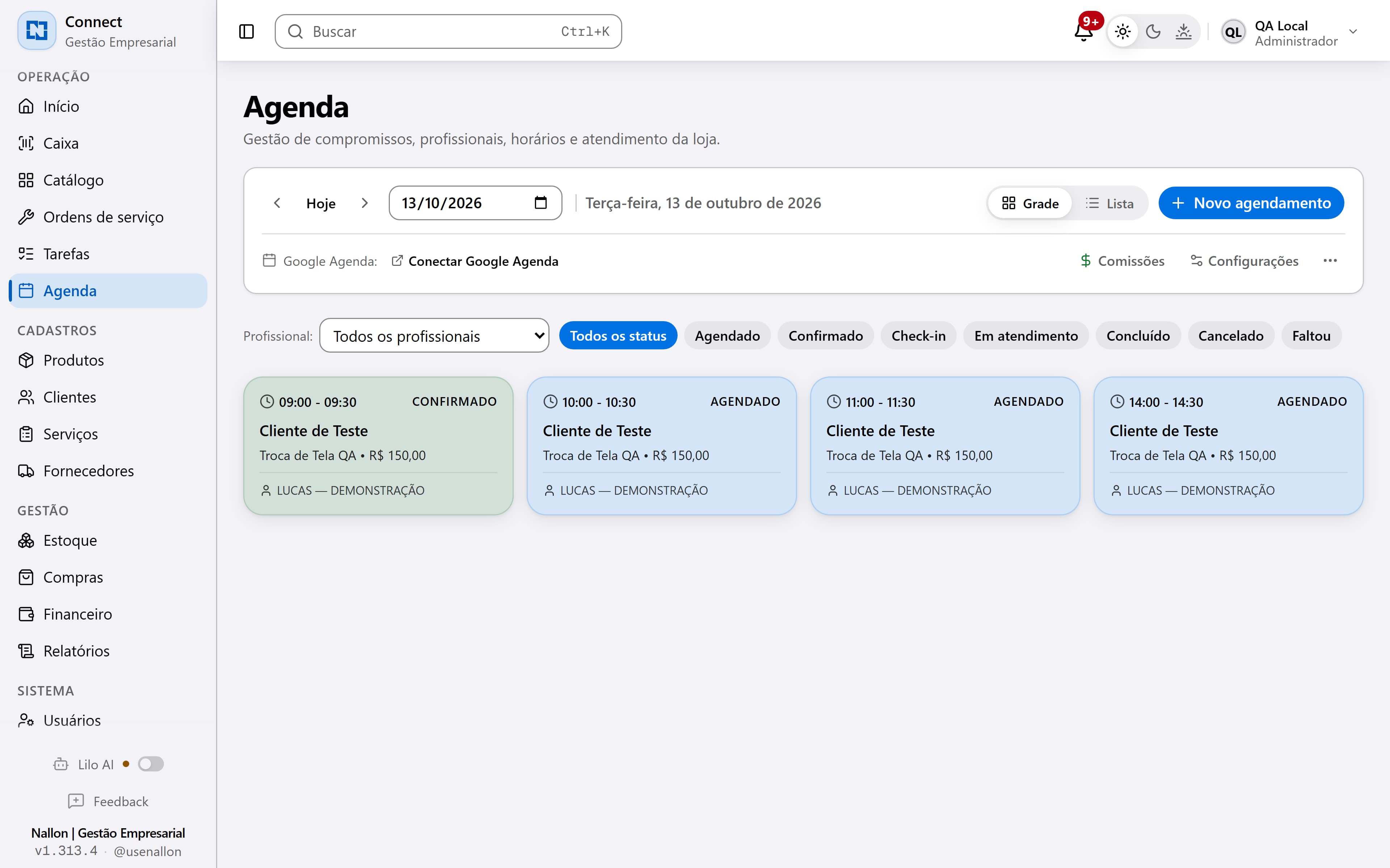 Agenda do salão no Nallon, com os horários de cada profissional e o status dos atendimentos.