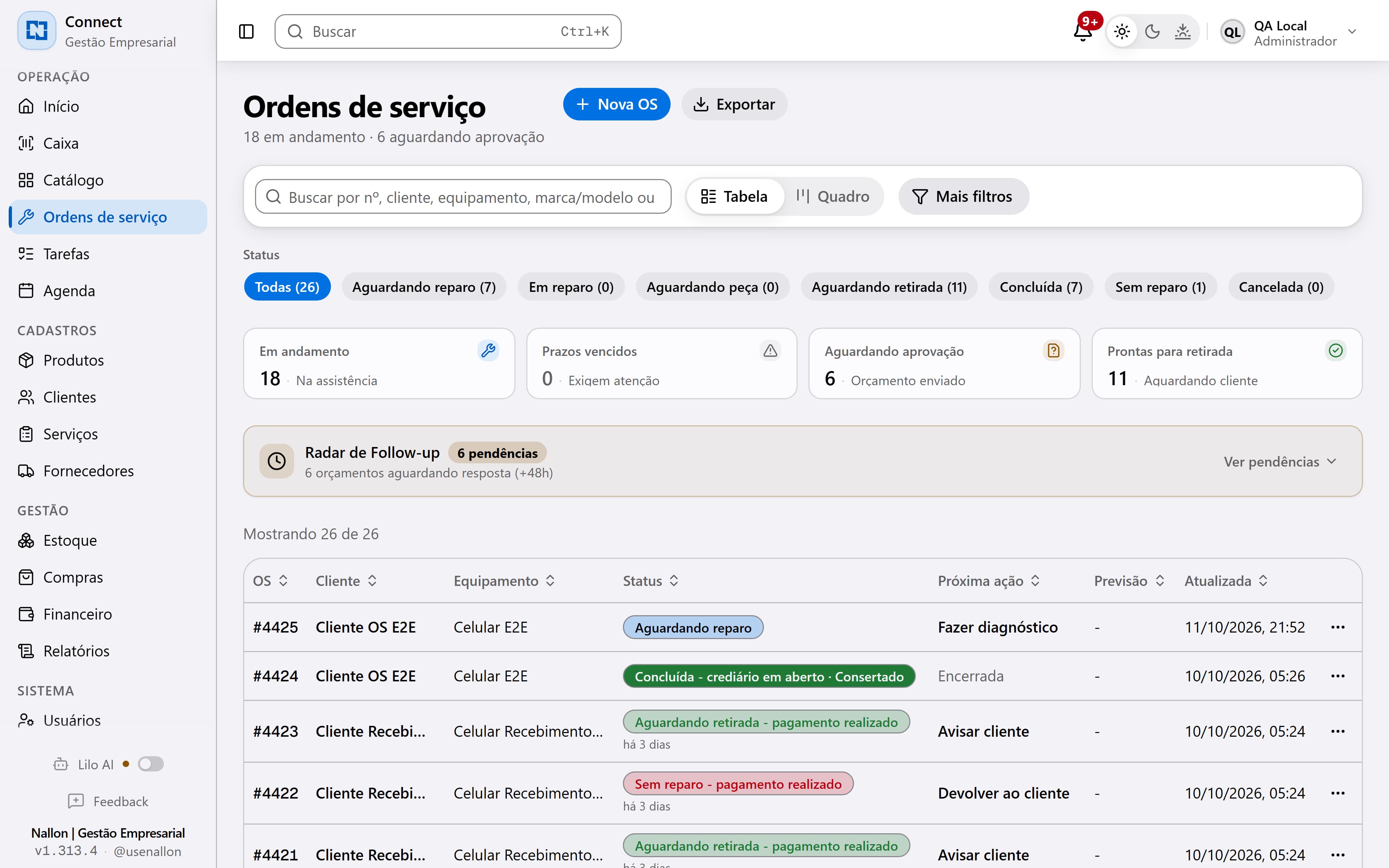 Lista de ordens de serviço do Nallon com cliente e equipamento de exemplo.